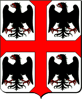 D'argent, à la croix pattée de gueules, cantonnée de quatre aigles de sable, au vol abaissé (évoluera en en vol normal), becquées et membrées de gueules